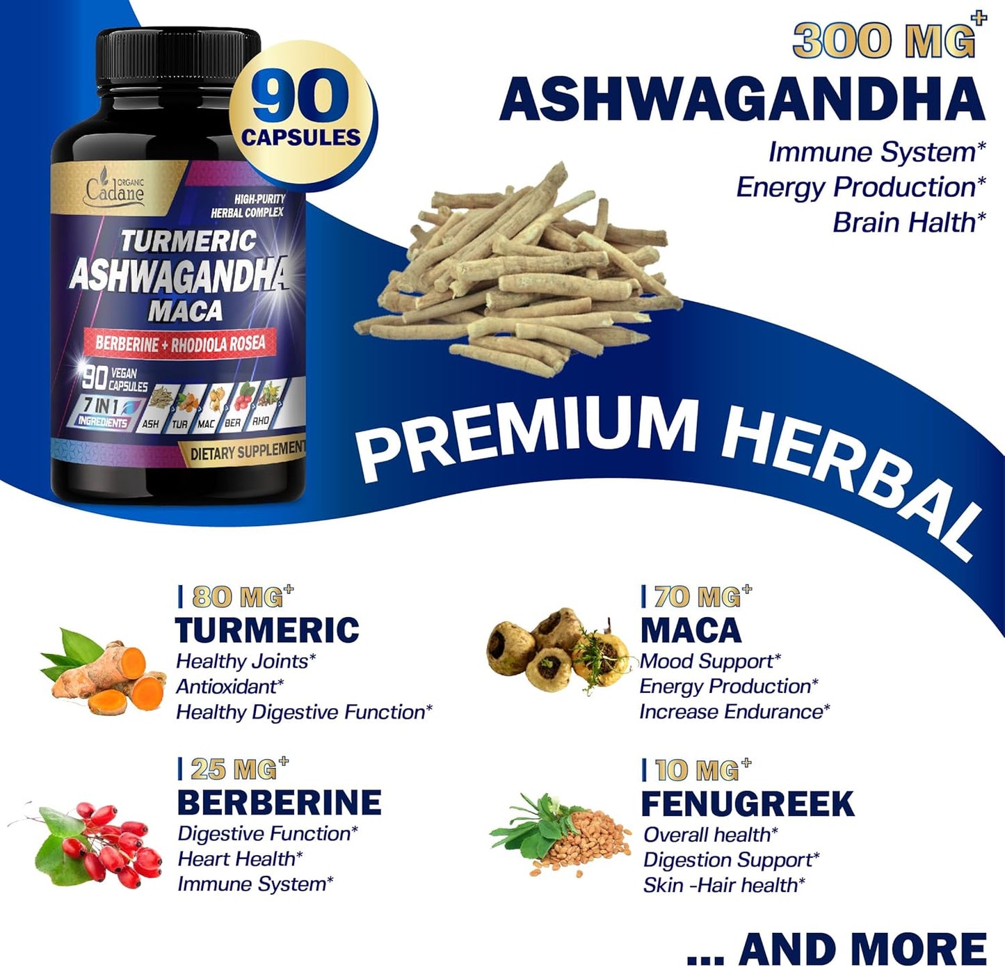 7in1 Organic Cadane Ashwagandha Supplement for Memory, Immune System, and Strength - Enhanced with Turmeric, Maca Root, Berberine - 90 Vegan Capsules