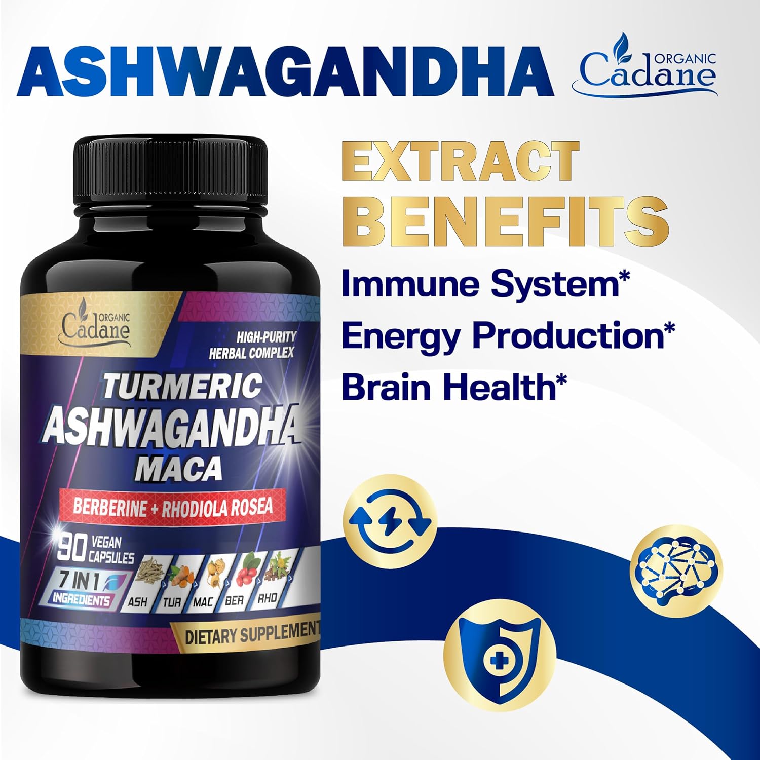 7in1 Organic Cadane Ashwagandha Supplement for Memory, Immune System, and Strength - Enhanced with Turmeric, Maca Root, Berberine - 90 Vegan Capsules