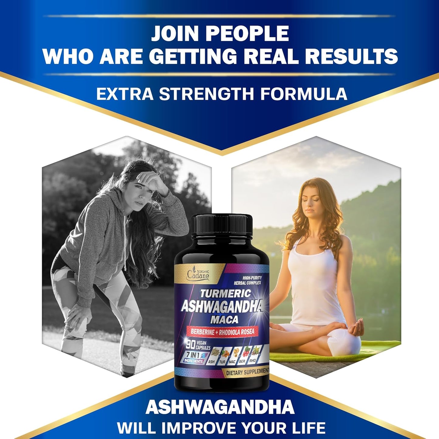 7in1 Organic Cadane Ashwagandha Supplement for Memory, Immune System, and Strength - Enhanced with Turmeric, Maca Root, Berberine - 90 Vegan Capsules