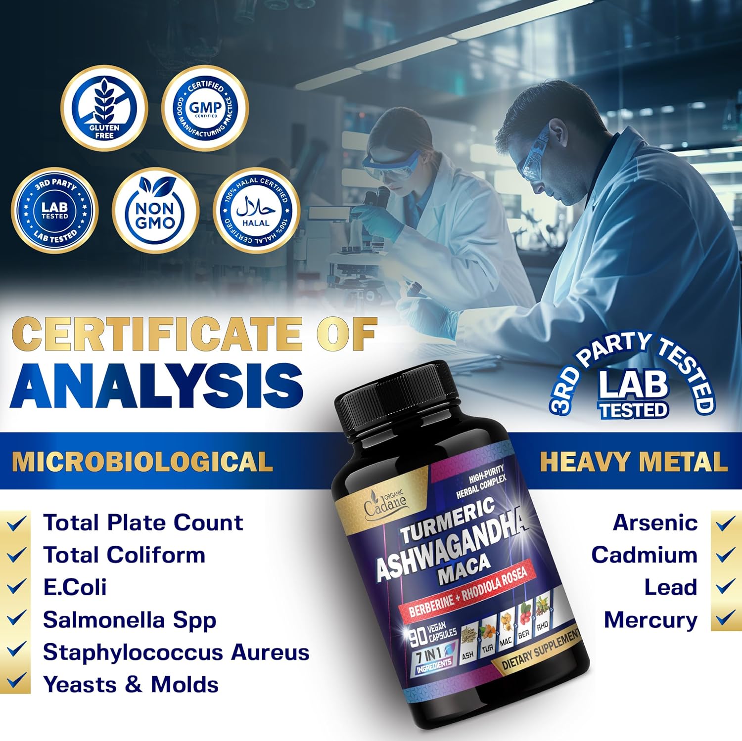 7in1 Organic Cadane Ashwagandha Supplement for Memory, Immune System, and Strength - Enhanced with Turmeric, Maca Root, Berberine - 90 Vegan Capsules