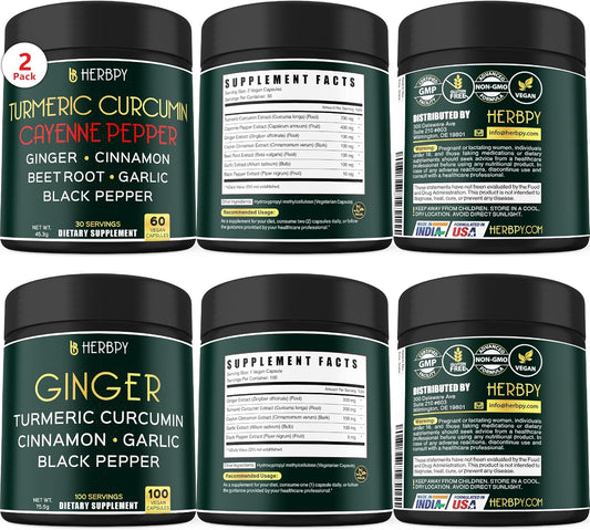 7in1 Turmeric Curcumin & 5in1 Ginger Supplement Bundle - Boost Immune System, Heart, and Digestion Health