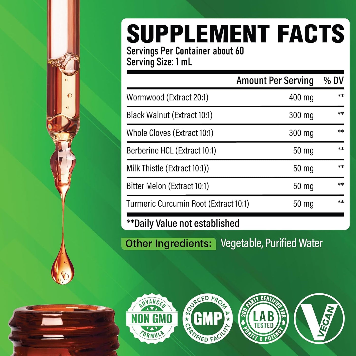 7in1 Wormwood Liquid Drops with Black Walnut, Cloves, Berberine, Milk Thistle, Bitter Melon, Turmeric - 60ml