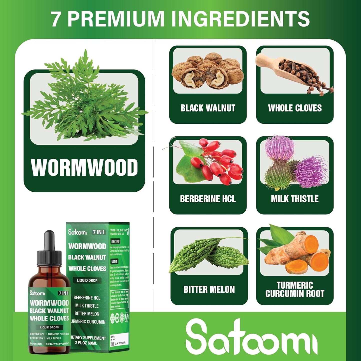 7in1 Wormwood Liquid Drops with Black Walnut, Cloves, Berberine, Milk Thistle, Bitter Melon, Turmeric - 60ml