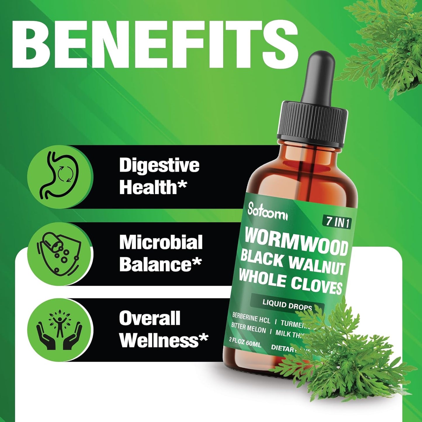 7in1 Wormwood Liquid Drops with Black Walnut, Cloves, Berberine, Milk Thistle, Bitter Melon, Turmeric - 60ml