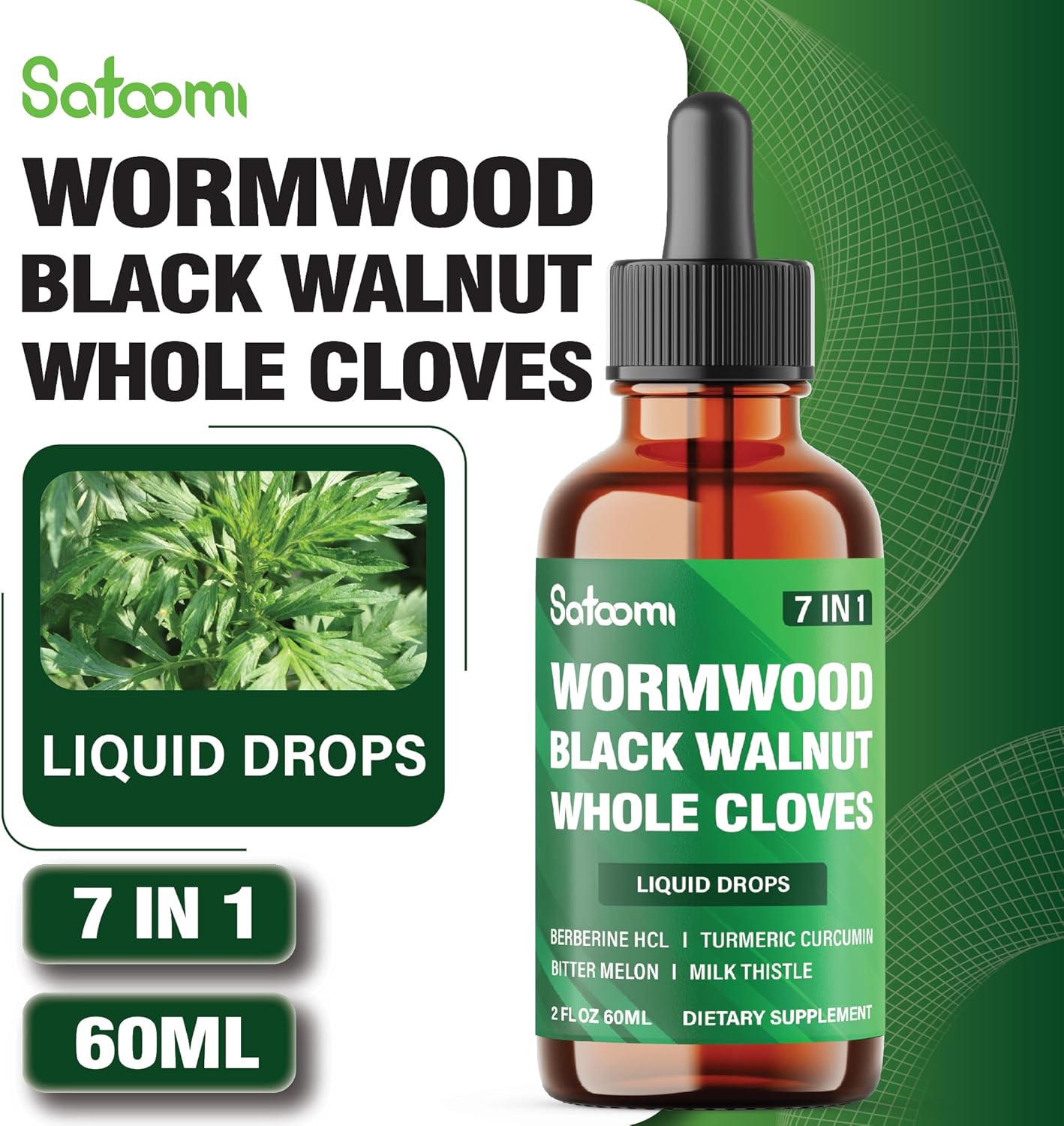 7in1 Wormwood Liquid Drops with Black Walnut, Cloves, Berberine, Milk Thistle, Bitter Melon, Turmeric - 60ml
