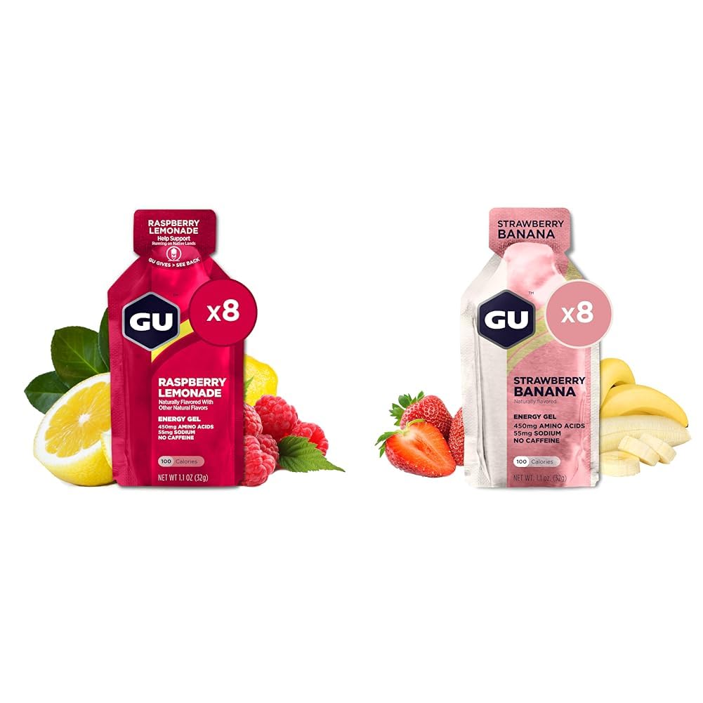 8-Count GU Energy Original Sports Nutrition Energy Gel Variety Pack - Raspberry Lemonade & Strawberry Banana Flavors - Vegan & Gluten-Free
