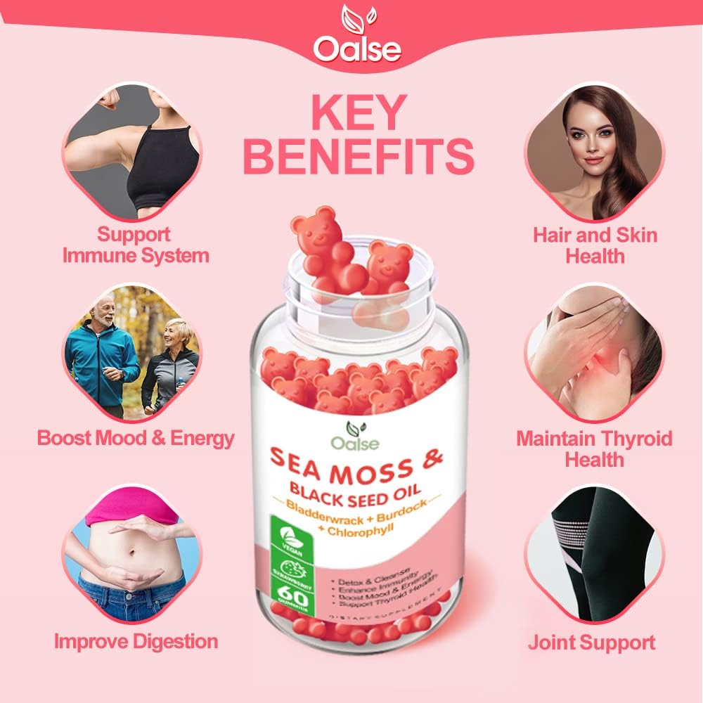 8-in-1 Sea Moss Gummies with Chlorophyll, Bladderwrack, Burdock Root, Vitamin C & D3, Zinc, Black Seed Oil - Immune Support & Energy Boost - Adults & Kids - 1-Pack - BoostGo Australia