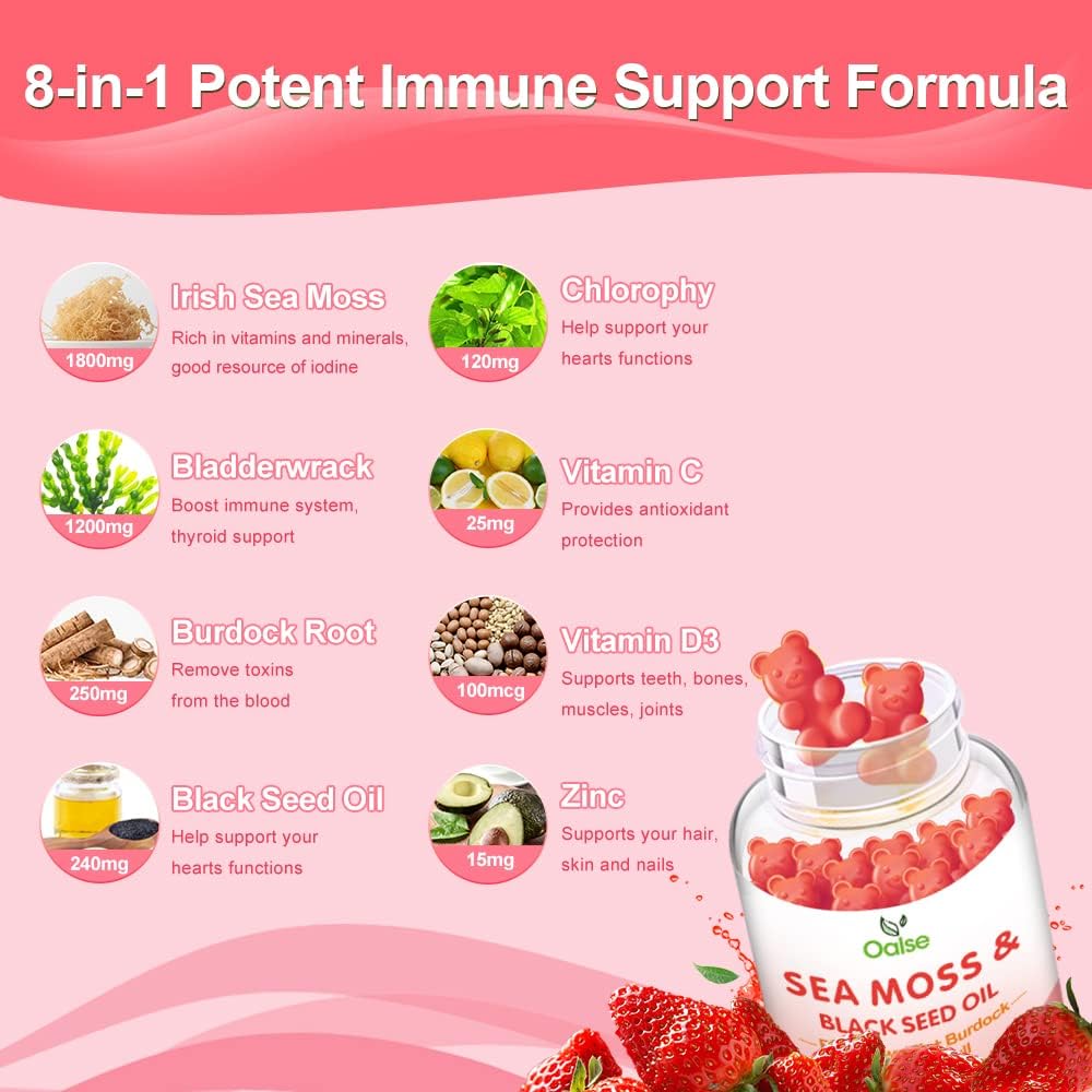 8-in-1 Sea Moss Gummies with Chlorophyll, Bladderwrack, Burdock Root, Vitamin C & D3, Zinc, Black Seed Oil - Immune Support & Energy Boost - Adults & Kids - 1-Pack - BoostGo Australia