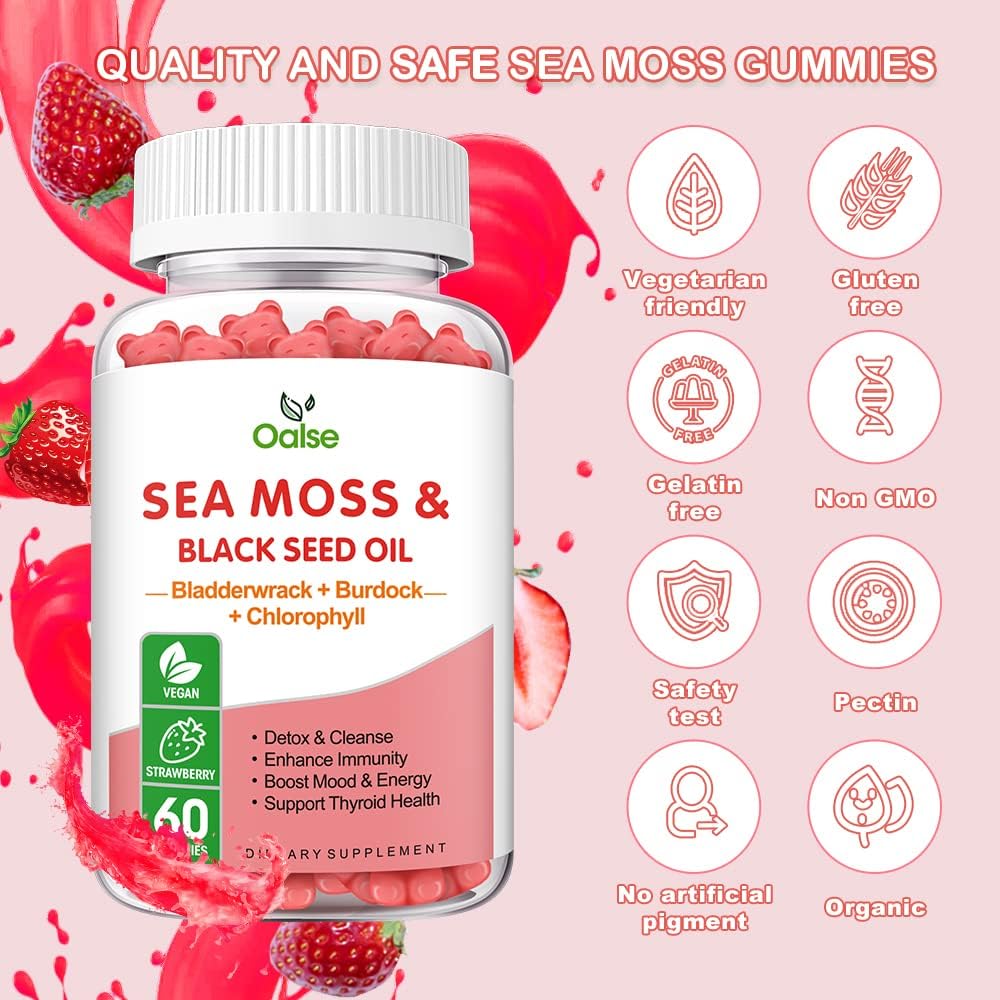 8-in-1 Sea Moss Gummies with Chlorophyll, Bladderwrack, Burdock Root, Vitamin C & D3, Zinc, Black Seed Oil - Immune Support & Energy Boost - Adults & Kids - 1-Pack - BoostGo Australia