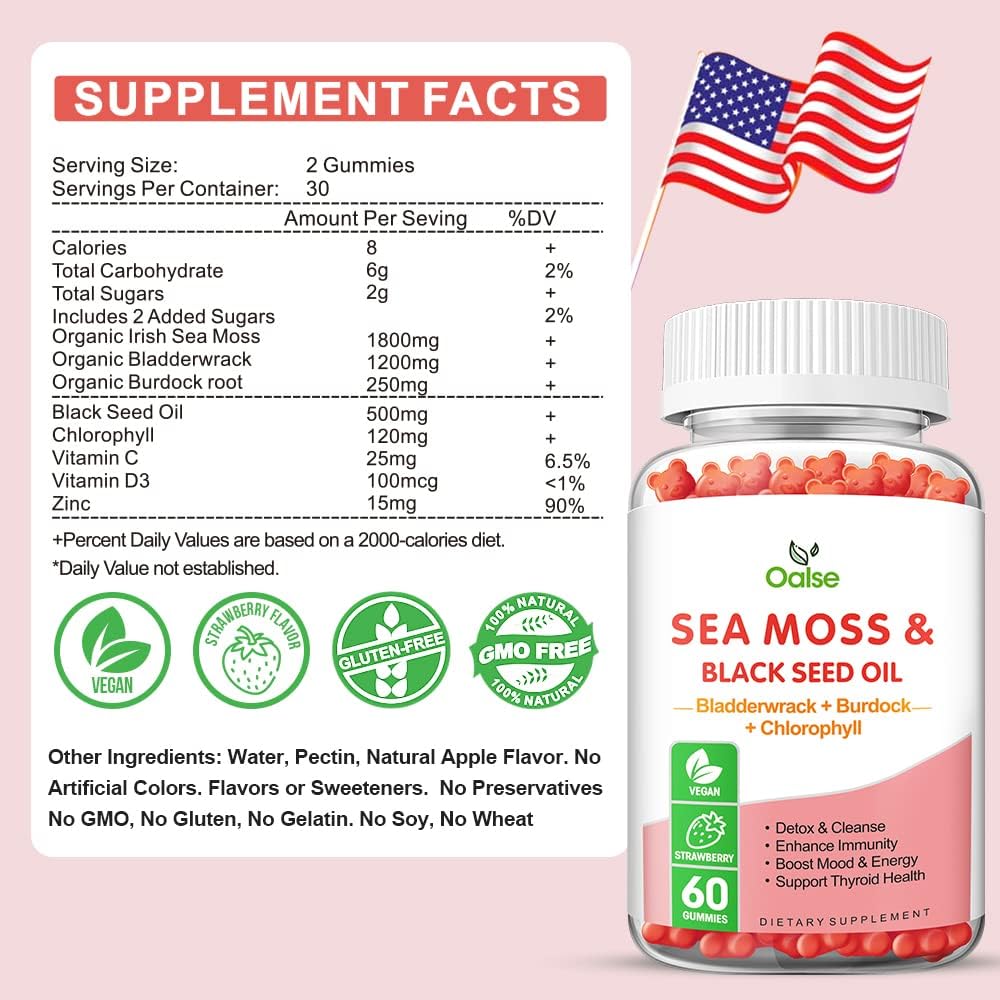 8-in-1 Sea Moss Gummies with Chlorophyll, Bladderwrack, Burdock Root, Vitamin C & D3, Zinc, Black Seed Oil - Immune Support & Energy Boost - Adults & Kids - 1-Pack - BoostGo Australia