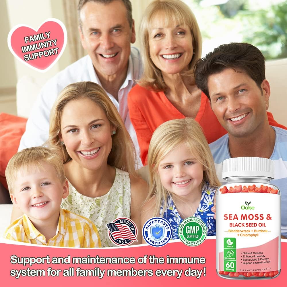 8-in-1 Sea Moss Gummies with Chlorophyll, Bladderwrack, Burdock Root, Vitamin C & D3, Zinc, Black Seed Oil - Immune Support & Energy Boost - Adults & Kids - 1-Pack - BoostGo Australia