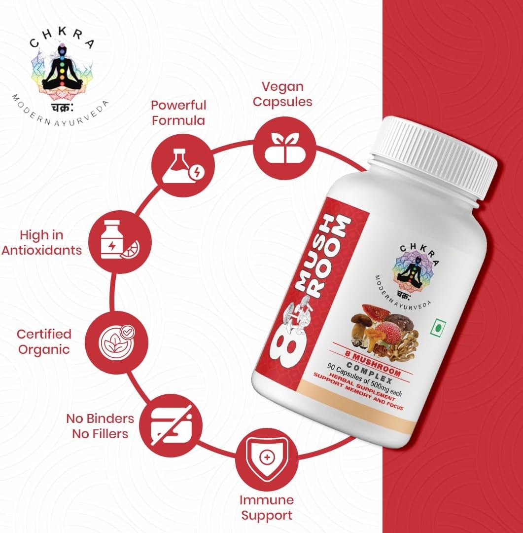 8 Mushroom Complex Supplement - 90 Capsules with Lions Mane, Turkey Tail, Cordyceps, Reishi, Shitake, Maitake, Chaga, Oyster Mushroom Extract for Immune Support and Brain Boost