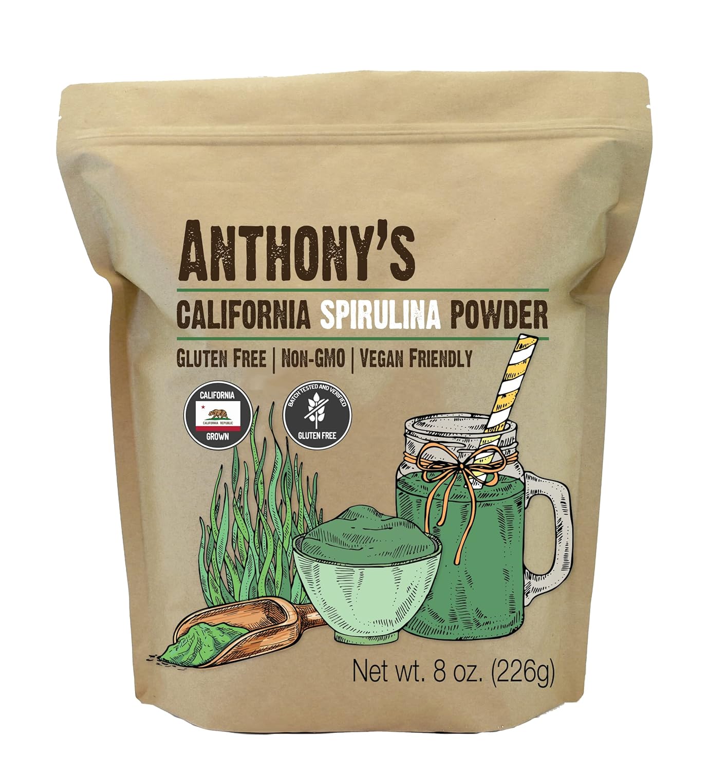 8 oz Anthony's California Spirulina Powder - Gluten Free & Non GMO - USA Product