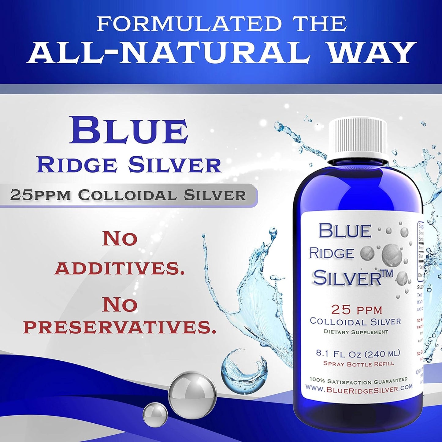 8 oz Blue Ridge Silver Colloidal Silver 25 ppm - Natural Immune Support Health Supplement