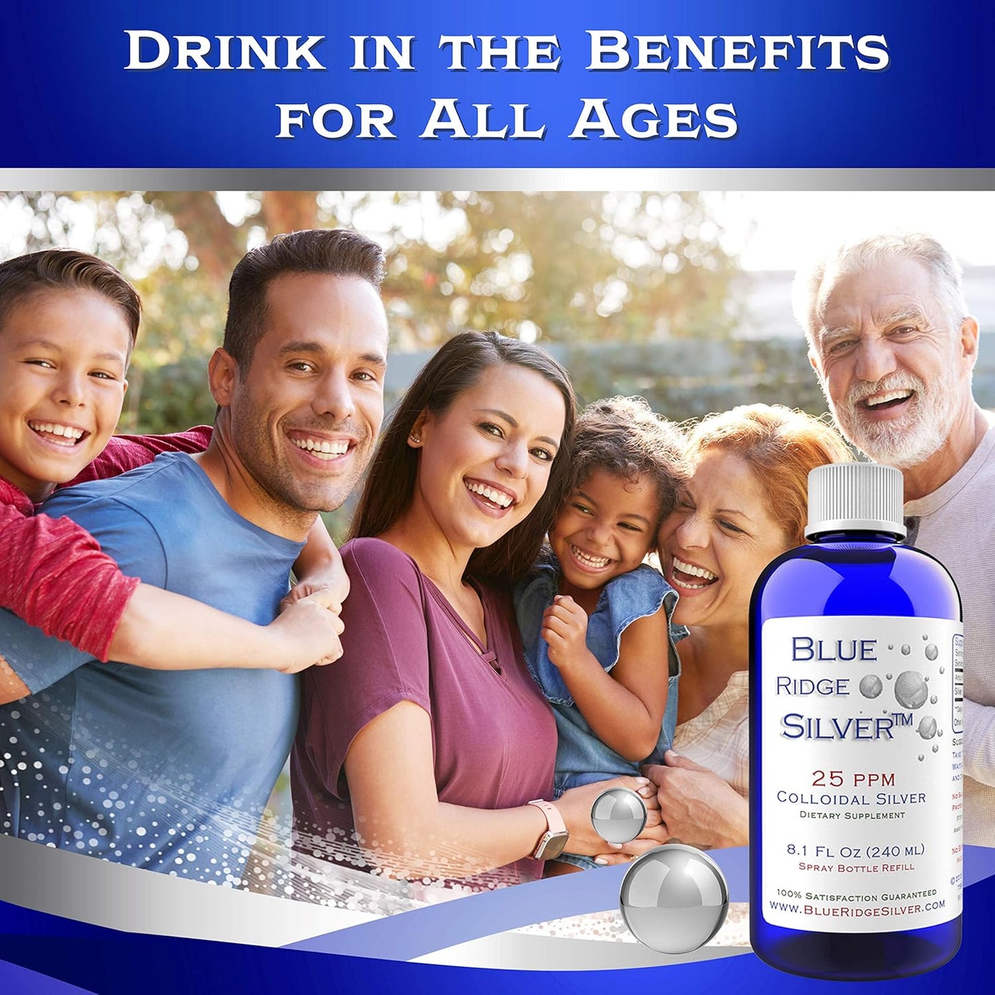 8 oz Blue Ridge Silver Colloidal Silver 25 ppm - Natural Immune Support Health Supplement
