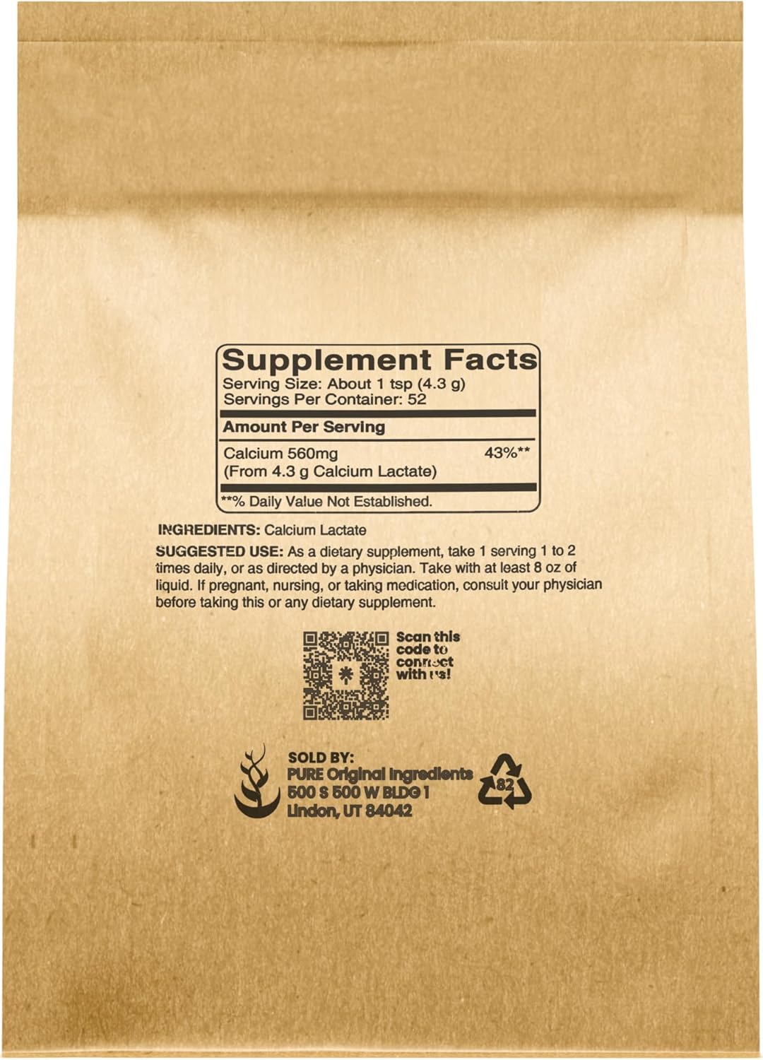 8 oz Calcium Lactate Supplement - Pure Original Ingredients, Electrolyte Boost