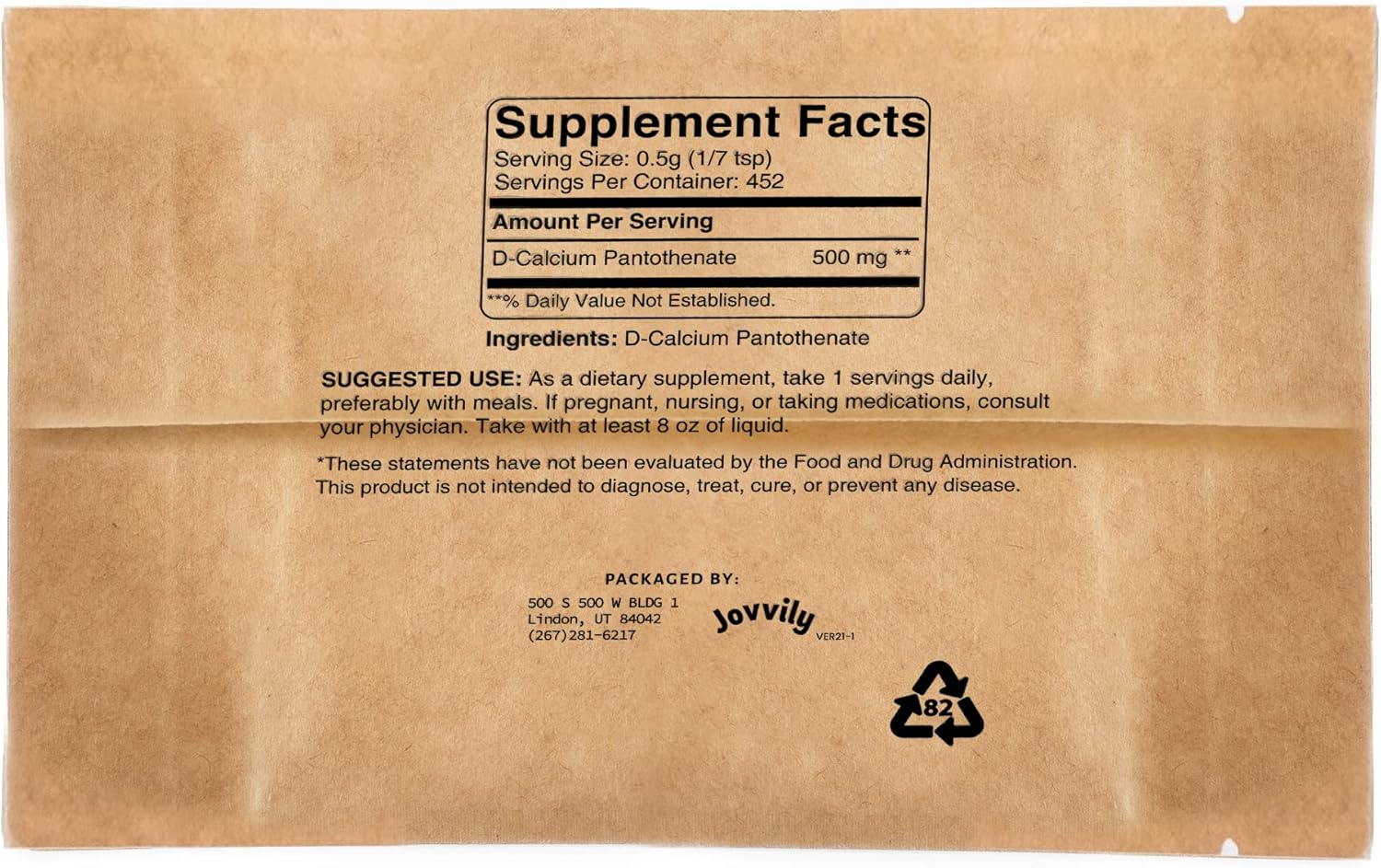 8 oz Jovvily Vitamin B5 D-Calcium Pantothenate Supplement - Pure & Additive-Free