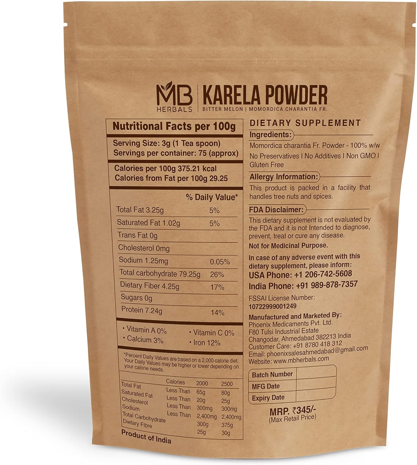 8 oz MB Herbals Bitter Melon Powder - Pure Momordica Charantia - Non GMO, Gluten Free, Preservative Free - 227g