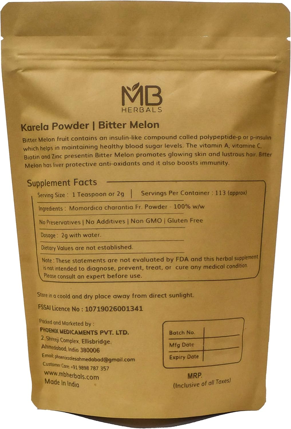 8 oz MB Herbals Bitter Melon Powder - Pure Momordica Charantia - Non GMO, Gluten Free, Preservative Free - 227g