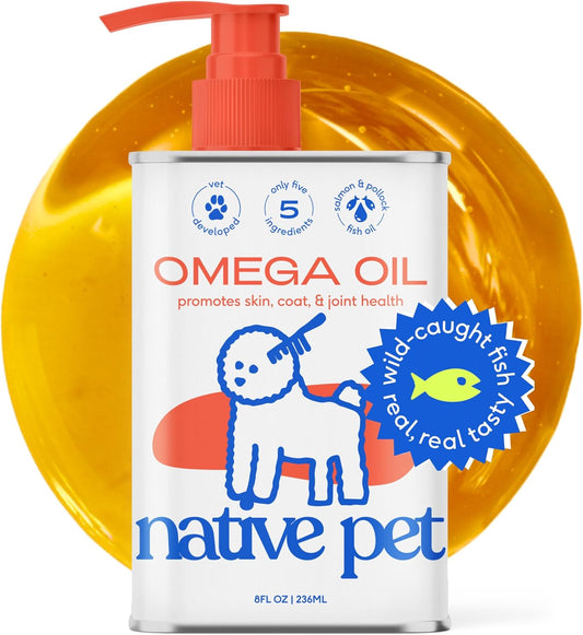 8 oz Native Pet Omega 3 Fish Oil with Wild Alaskan Salmon Oil for Dogs - Supports Skin, Mobility - Liquid Pump for Puppies