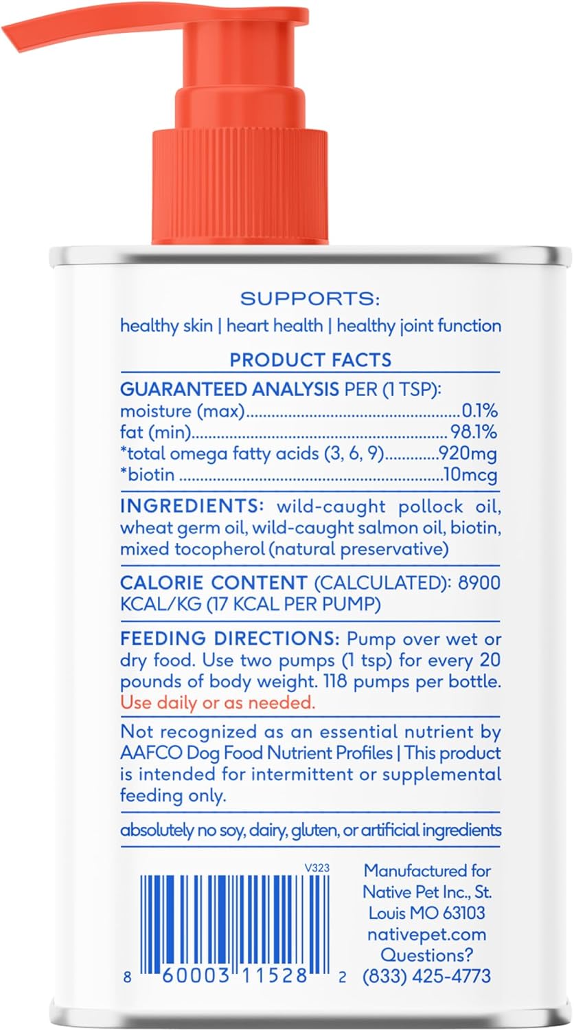 8 oz Native Pet Omega 3 Fish Oil with Wild Alaskan Salmon Oil for Dogs - Supports Skin, Mobility - Liquid Pump for Puppies