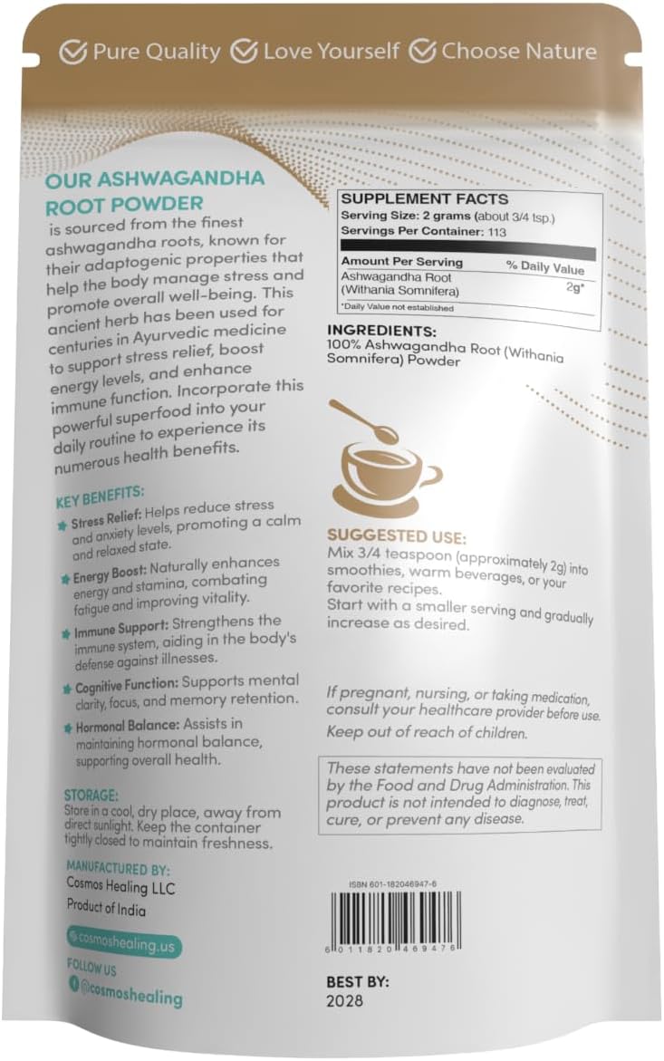 8 oz Organic Ashwagandha Root Powder - Adaptogen for Stress Support & Energy - 113 Servings - Non-GMO, Vegan, Gluten-Free - Ayurvedic Boost