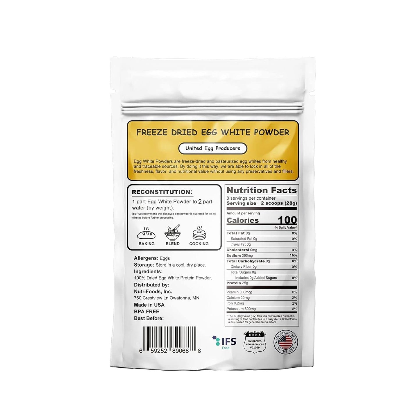 8 Oz Pastuerized Dried Egg Whites Protein Powder - Gluten-Free, Non-GMO, Unflavored - Ideal for Baking & Desserts 227g