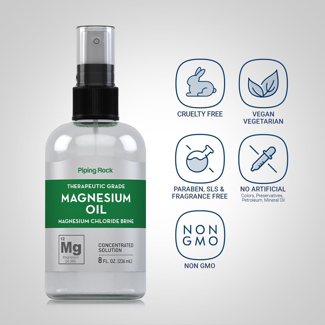 8 oz Piping Rock Pure Magnesium Oil Spray | Concentrated Magnesium Chloride Brine | Therapeutic Grade, Non-GMO, Gluten Free