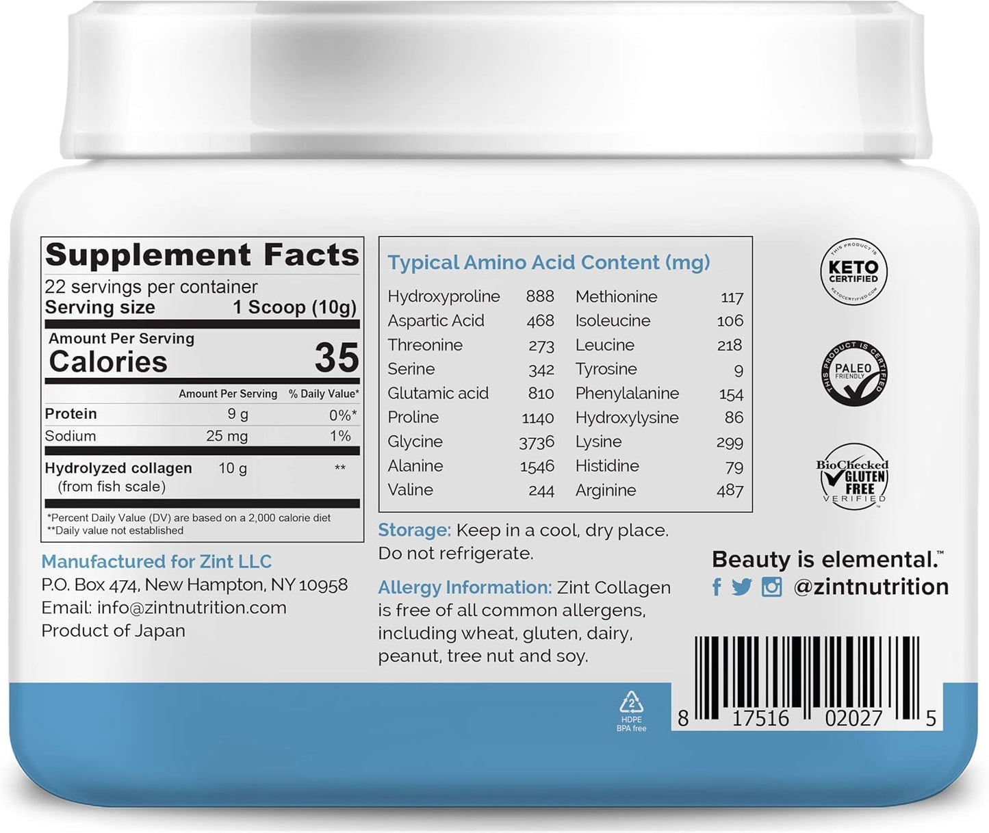 8 oz Zint Hydrolyzed Marine Collagen Powder: Unflavored Anti Aging Peptides from Japan - Paleo Certified, Non GMO - Beauty, Skin, Hair & Nails
