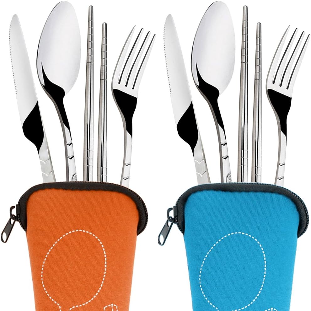 8-Piece Rustproof Stainless Steel Flatware Set with Carrying Case for Traveling, Camping, Picnics - Knife, Fork, Spoon, Chopsticks - 2 Pack