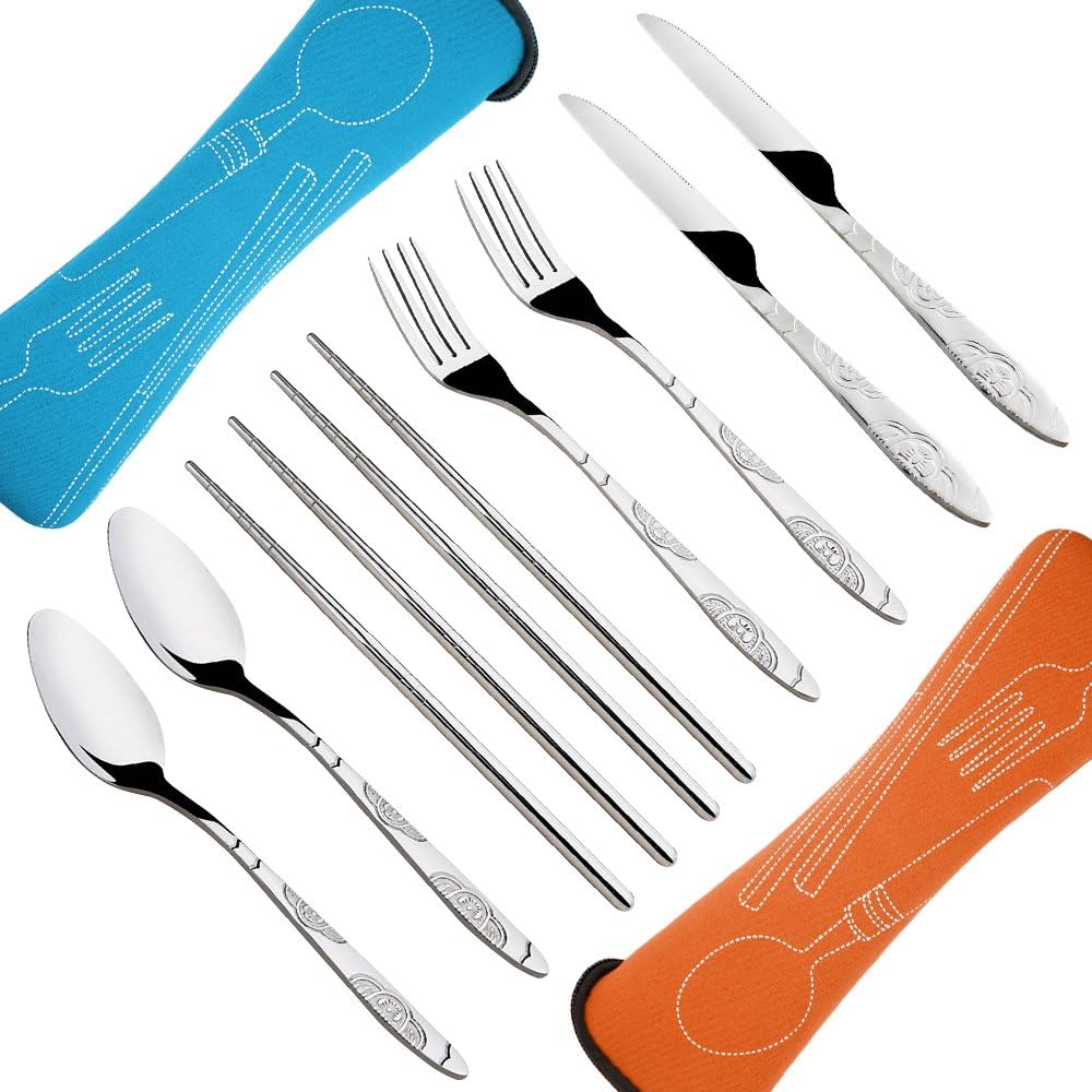 8-Piece Rustproof Stainless Steel Flatware Set with Carrying Case for Traveling, Camping, Picnics - Knife, Fork, Spoon, Chopsticks - 2 Pack