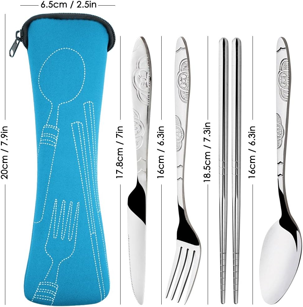 8-Piece Rustproof Stainless Steel Flatware Set with Carrying Case for Traveling, Camping, Picnics - Knife, Fork, Spoon, Chopsticks - 2 Pack