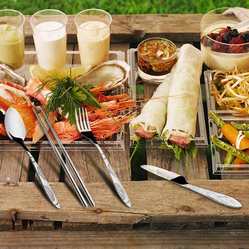 8-Piece Rustproof Stainless Steel Flatware Set with Carrying Case for Traveling, Camping, Picnics - Knife, Fork, Spoon, Chopsticks - 2 Pack