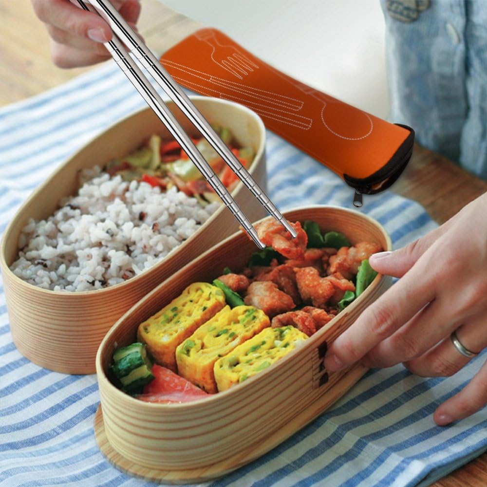 8-Piece Rustproof Stainless Steel Flatware Set with Carrying Case for Traveling, Camping, Picnics - Knife, Fork, Spoon, Chopsticks - 2 Pack