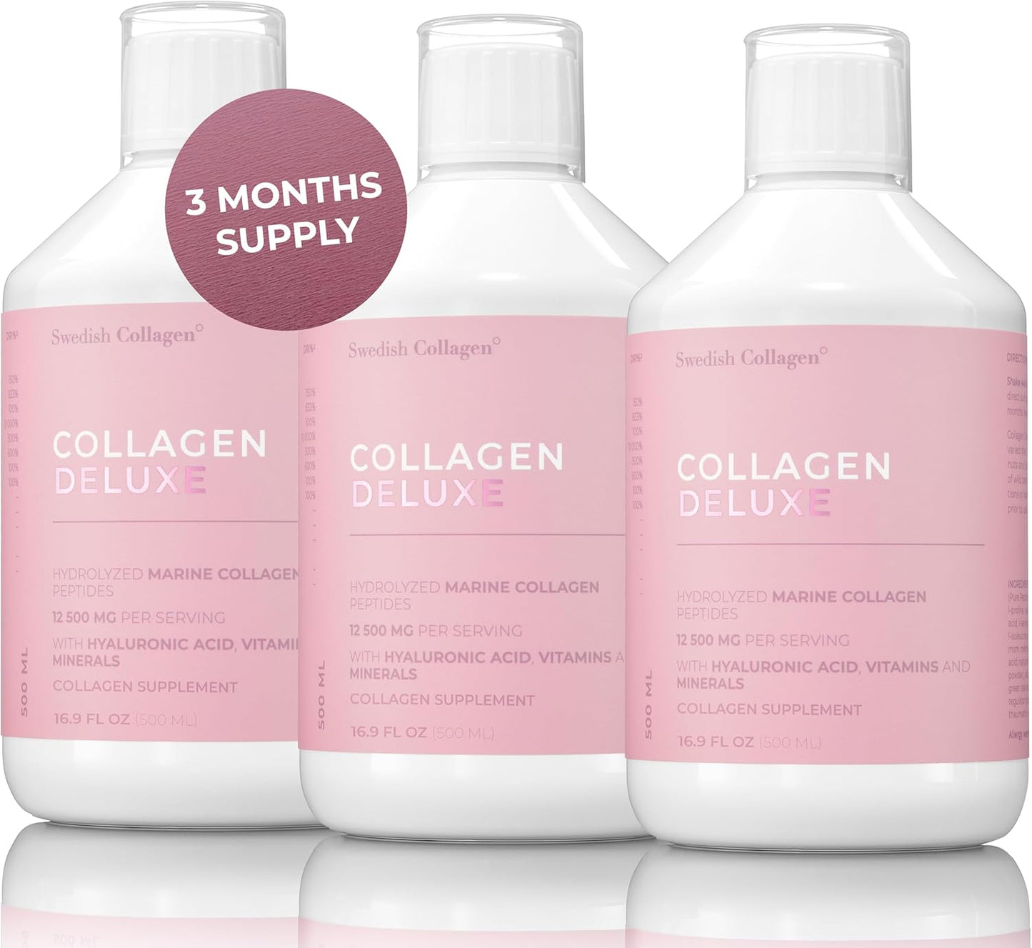 8 Week Supply of Swedish Collagen Deluxe 500ml x 3 - 12500mg Marine Collagen with Hyaluronic Acid, Biotin, Vitamin C - Sugar-Free Formula (Type I & III)