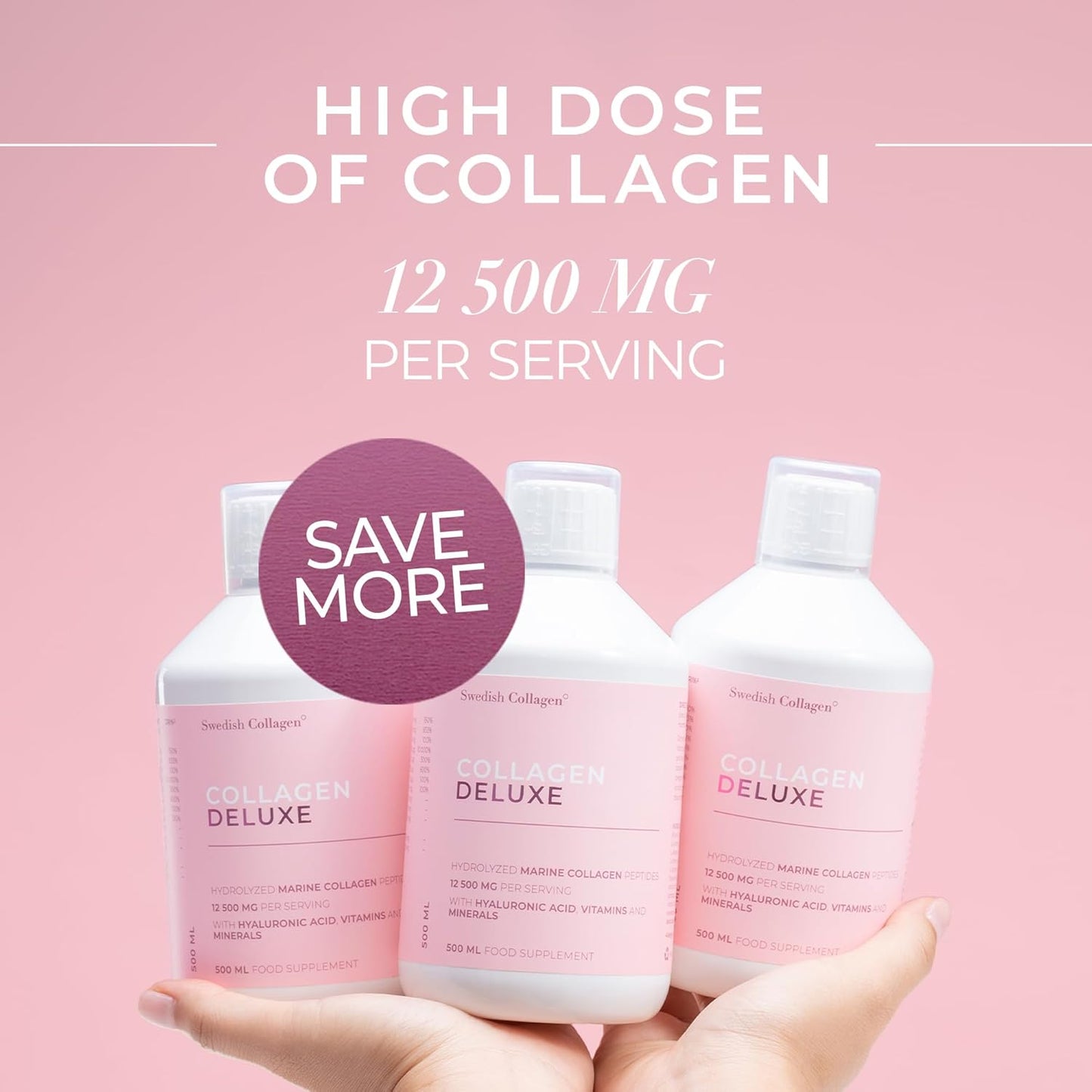 8 Week Supply of Swedish Collagen Deluxe 500ml x 3 - 12500mg Marine Collagen with Hyaluronic Acid, Biotin, Vitamin C - Sugar-Free Formula (Type I & III)