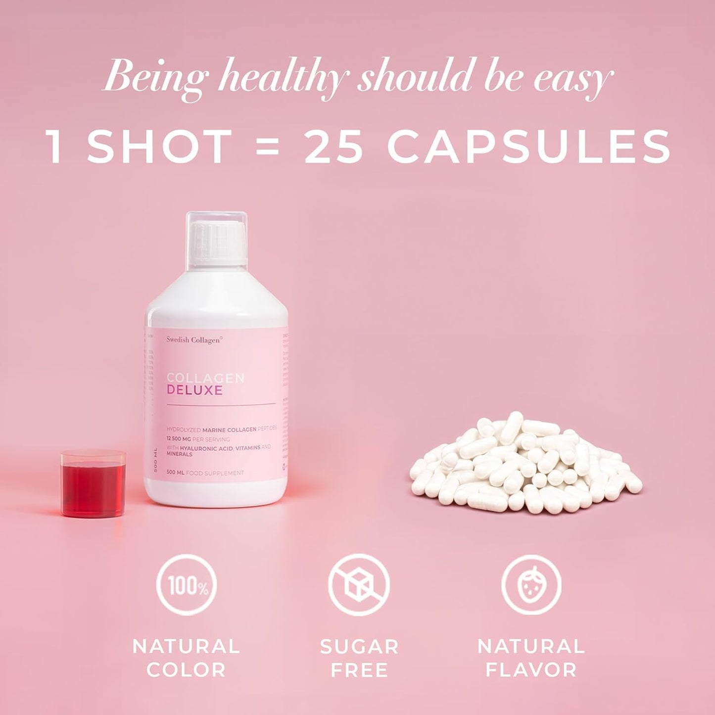 8 Week Supply of Swedish Collagen Deluxe 500ml x 3 - 12500mg Marine Collagen with Hyaluronic Acid, Biotin, Vitamin C - Sugar-Free Formula (Type I & III)