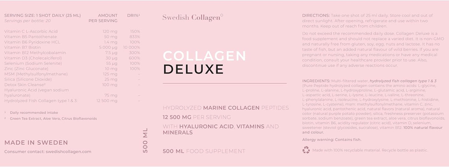 8 Week Supply of Swedish Collagen Deluxe 500ml x 3 - 12500mg Marine Collagen with Hyaluronic Acid, Biotin, Vitamin C - Sugar-Free Formula (Type I & III)