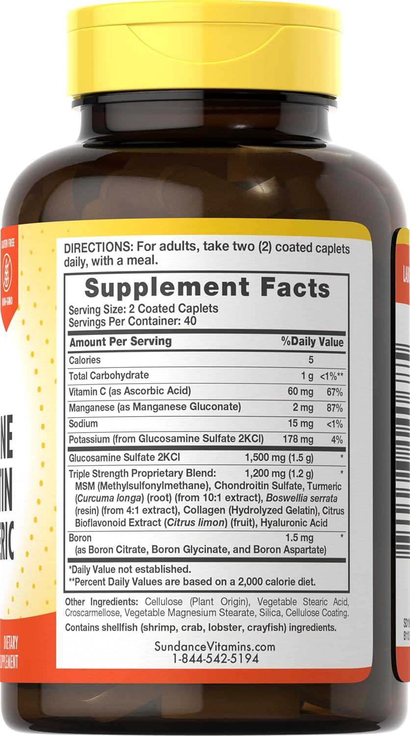 80 Caplets Sundance Glucosamine Chondroitin with MSM and Turmeric - Triple Strength Non-GMO Gluten Free Supplement