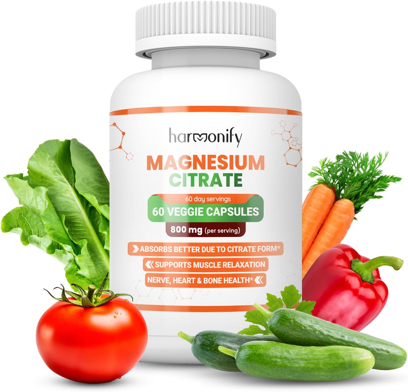 800 mg Magnesium Citrate Supplement for Muscle & Sleep Support - Enhanced Absorption, Gluten Free & Vegan Formula - 60 Vegetarian Capsules