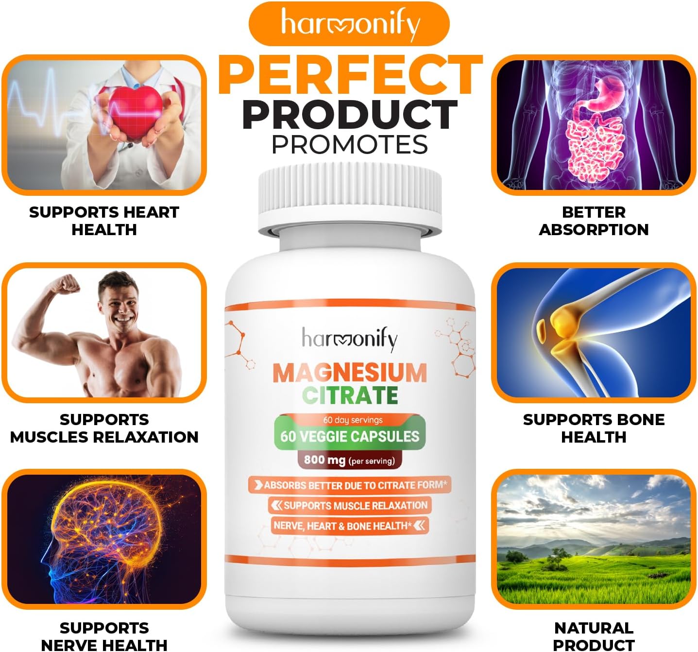 800 mg Magnesium Citrate Supplement for Muscle & Sleep Support - Enhanced Absorption, Gluten Free & Vegan Formula - 60 Vegetarian Capsules