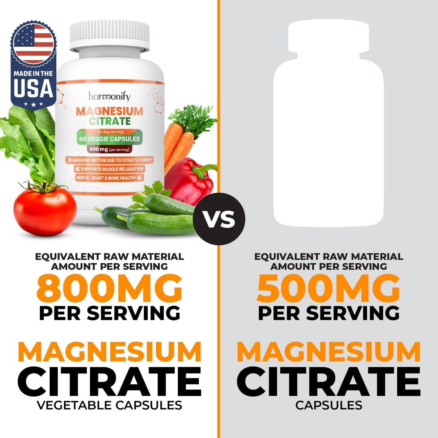 800 mg Magnesium Citrate Supplement for Muscle & Sleep Support - Enhanced Absorption, Gluten Free & Vegan Formula - 60 Vegetarian Capsules