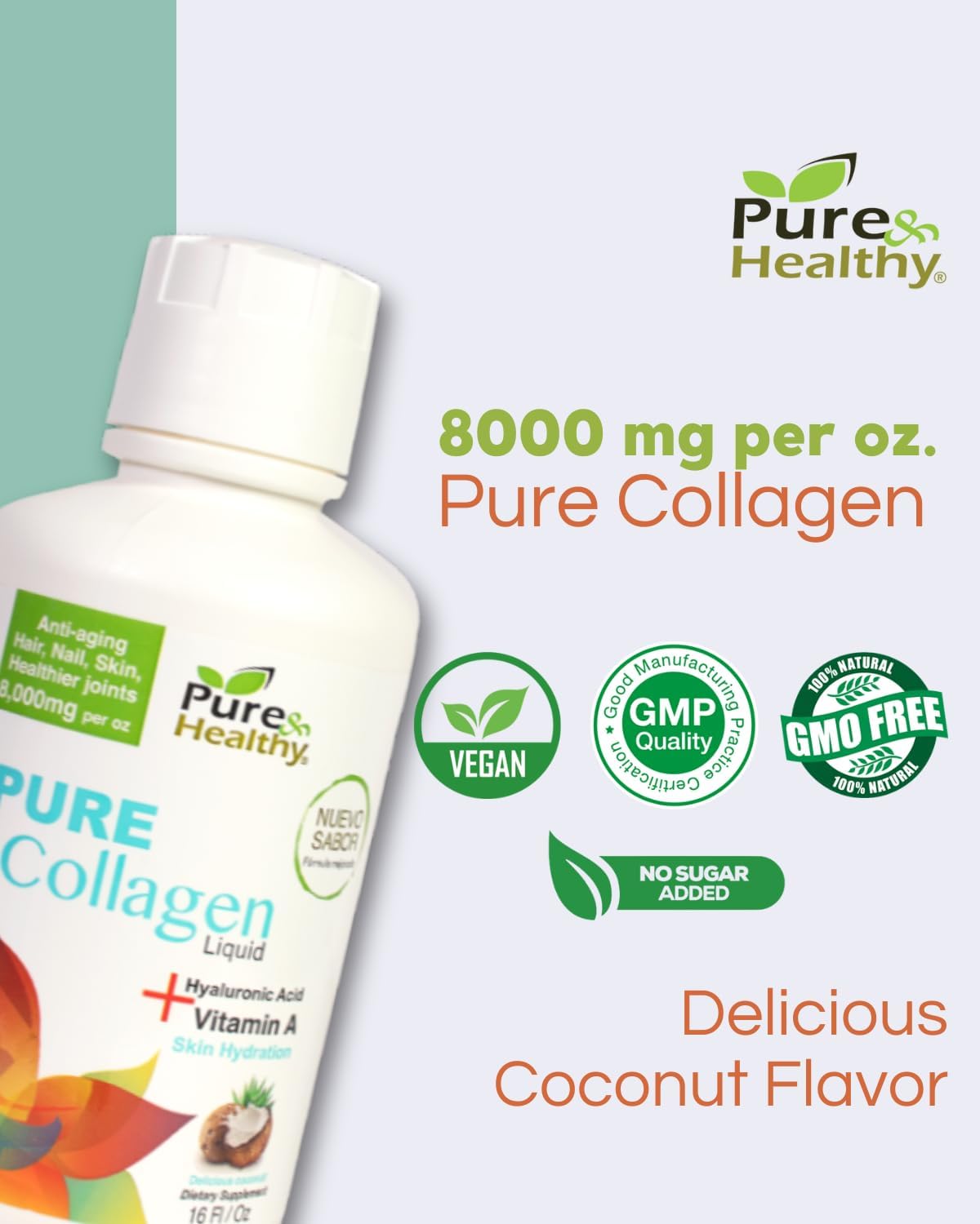 8000mg Collagen Liquid with Hyaluronic Acid, Vitamin A, and Coconut Flavor - 16 oz. Pure & Healthy Formula
