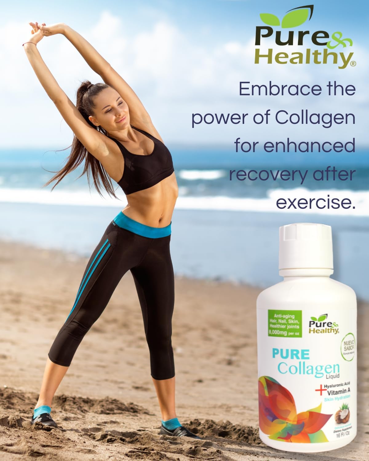 8000mg Collagen Liquid with Hyaluronic Acid, Vitamin A, and Coconut Flavor - 16 oz. Pure & Healthy Formula