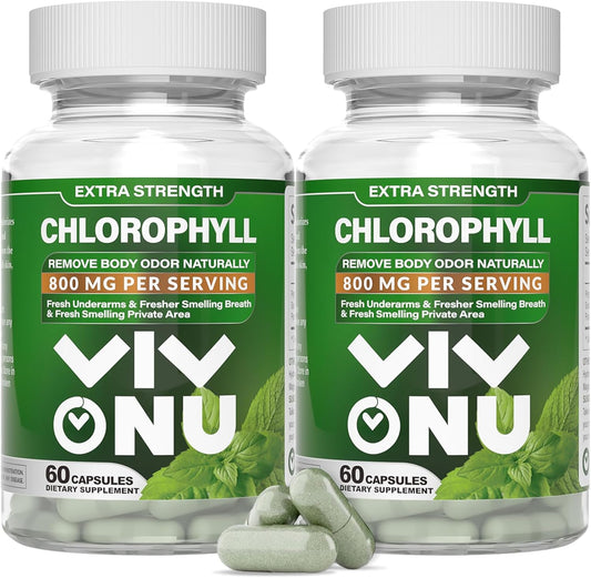 800mg Natural Chlorophyll Capsules for Energy, Immunity, Skin Support - Safe Supplement for Women & Men - Internal Deodorant - 120 Capsules (2 Bottles)