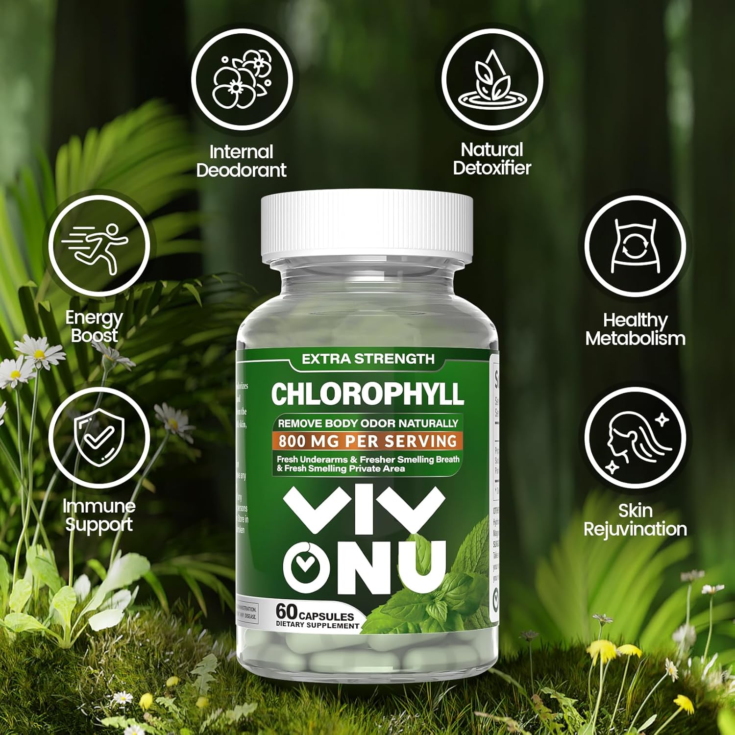 800mg Natural Chlorophyll Capsules for Energy, Immunity, Skin Support - Safe Supplement for Women & Men - Internal Deodorant - 120 Capsules (2 Bottles)