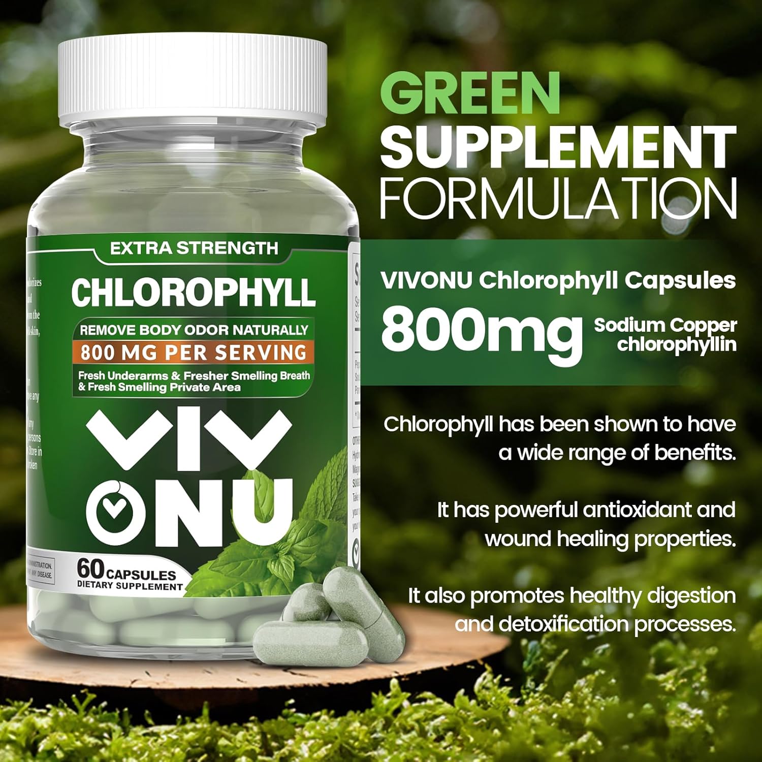 800mg Natural Chlorophyll Capsules for Energy, Immunity, Skin Support - Safe Supplement for Women & Men - Internal Deodorant - 120 Capsules (2 Bottles)