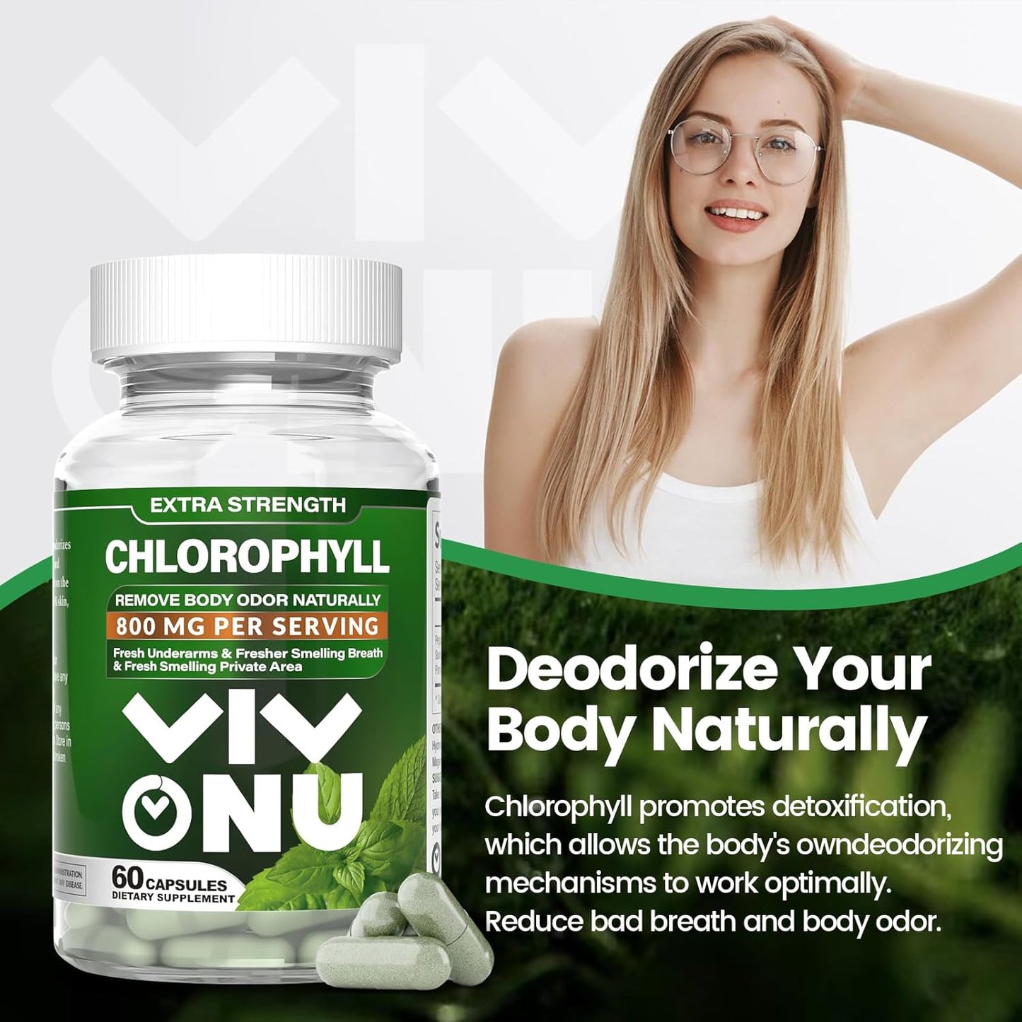 800mg Natural Chlorophyll Capsules for Energy, Immunity, Skin Support - Safe Supplement for Women & Men - Internal Deodorant - 120 Capsules (2 Bottles)