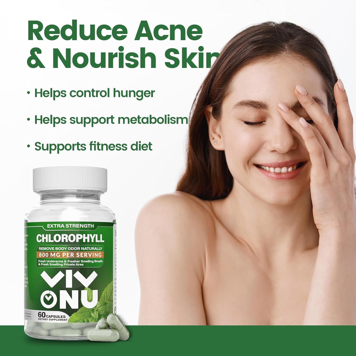 800mg Natural Chlorophyll Capsules for Energy, Immunity, Skin Support - Safe Supplement for Women & Men - Internal Deodorant - 120 Capsules (2 Bottles)