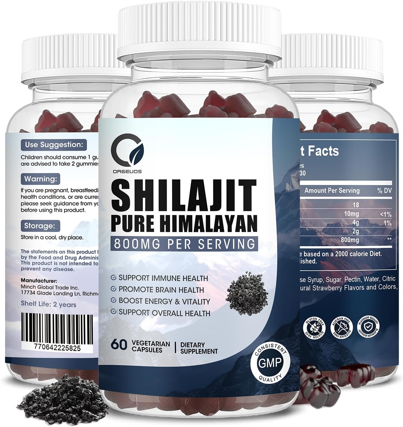 800mg Pure Himalayan Organic Shilajit Gummies with 85+ Trace Minerals - Energy & Immune Support - 60 Gummies
